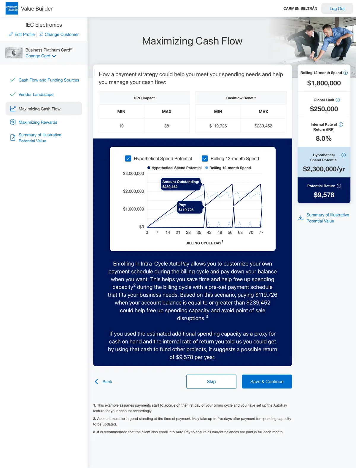 Maximizing Cash Flow: payment strategy inputs, a cash-flow chart, and potential return