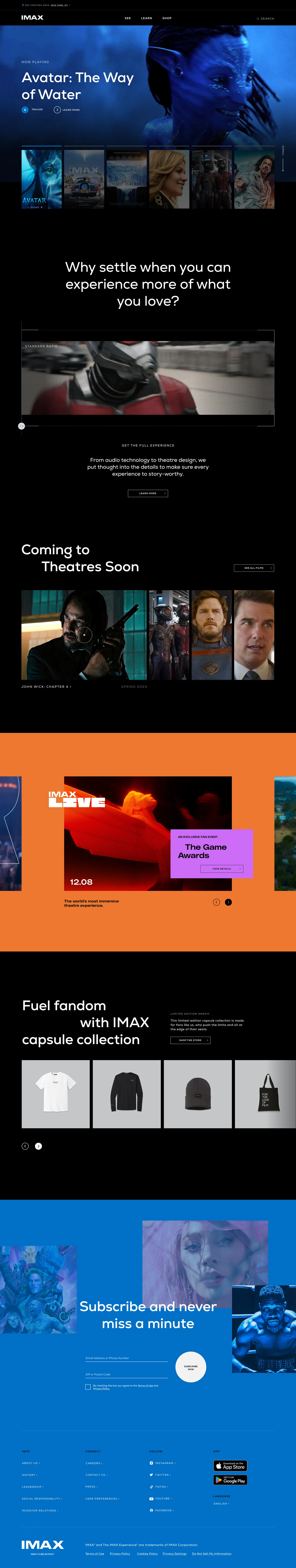 IMAX.com homepage on desktop: a hero for Avatar: The Way of Water, a row of film posters, and a section asking why settle when you can experience more of what you love