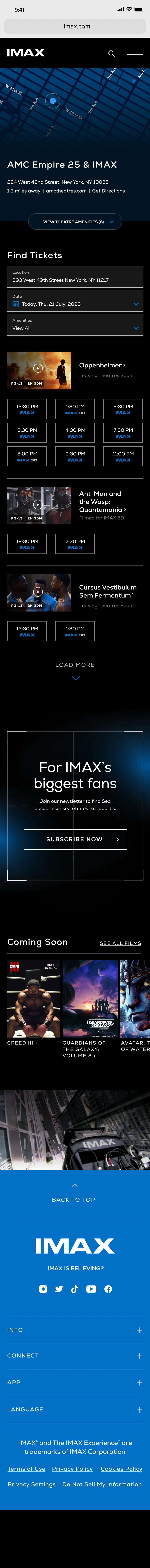 Theater details on a phone: a map of Midtown Manhattan above AMC Empire 25 & IMAX, with its address, distance, and links