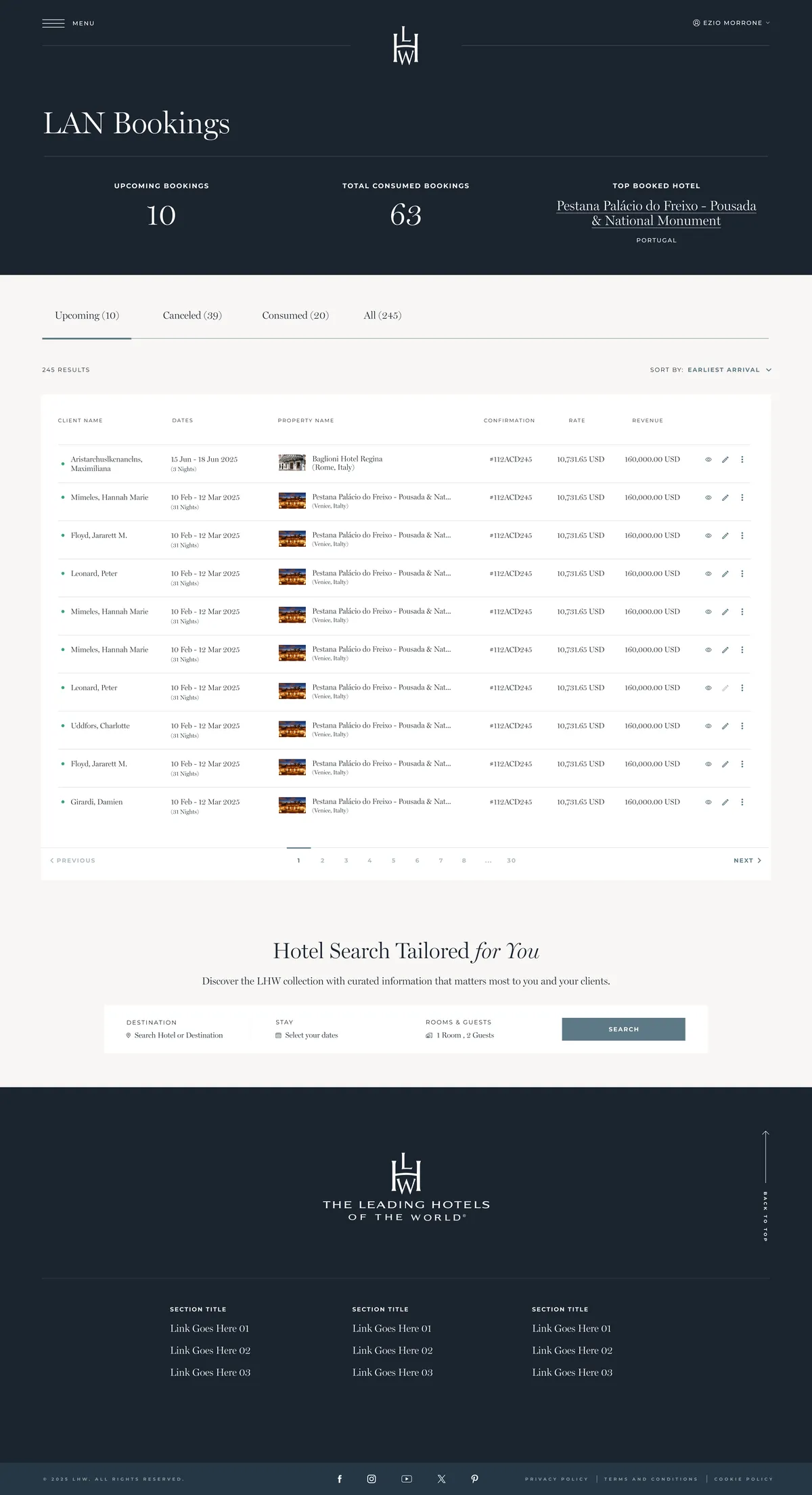 Travel Advisor booking list: counts of upcoming and total consumed bookings above a table of client bookings, with tabs for upcoming, canceled, consumed, and all