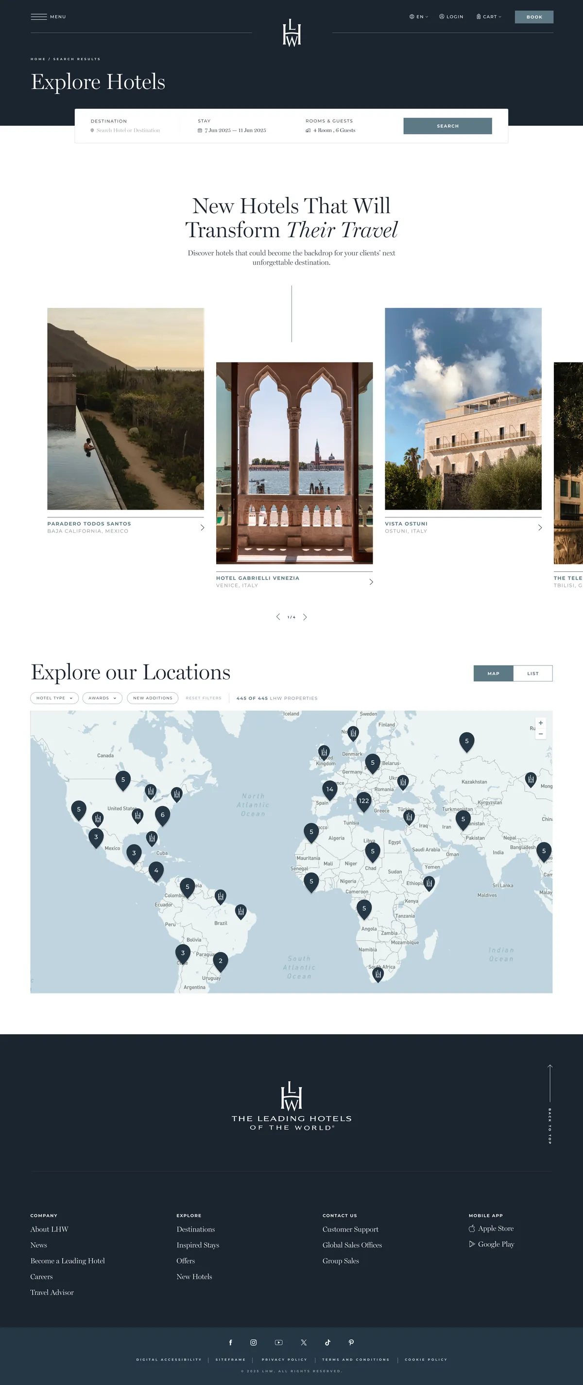 Travel Advisor Explore Hotels page: a search bar above a row of new-property photos, then a section for exploring locations