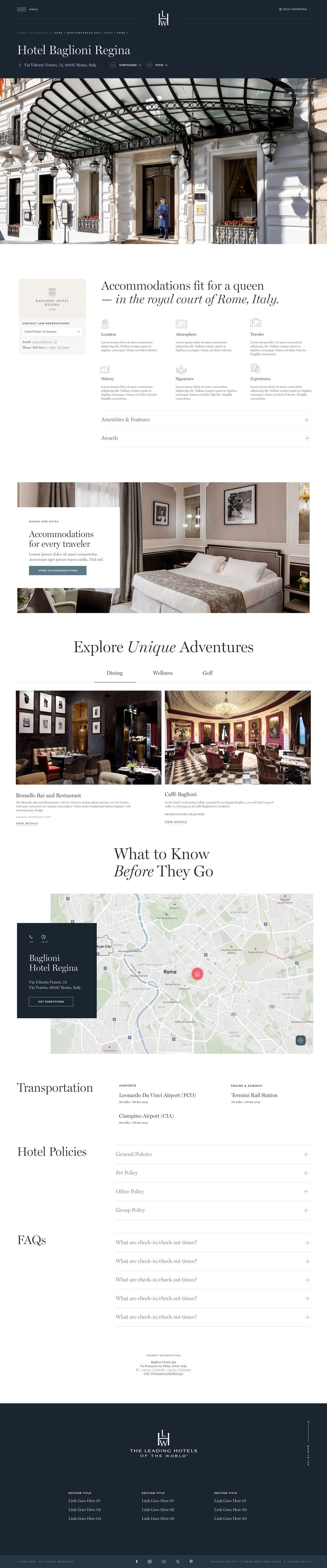 Travel Advisor detail page for Hotel Baglioni Regina in Rome: a large photo of the entrance canopy, with sections below for location, atmosphere, history, and amenities