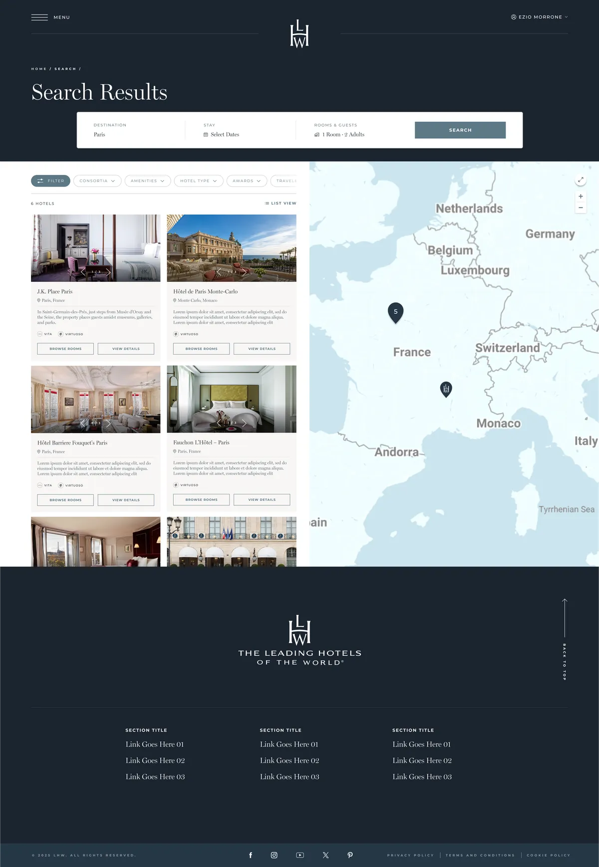 Travel Advisor hotel search results: a filter bar, hotel cards on the left, and a map of Europe on the right